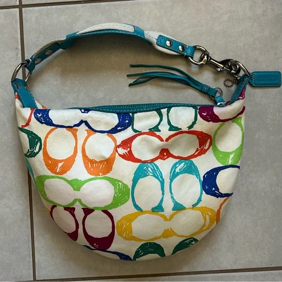 Coach Legacy Scribble Canvas Shoulder Bag with blue leather trim - Picture 2 of 9